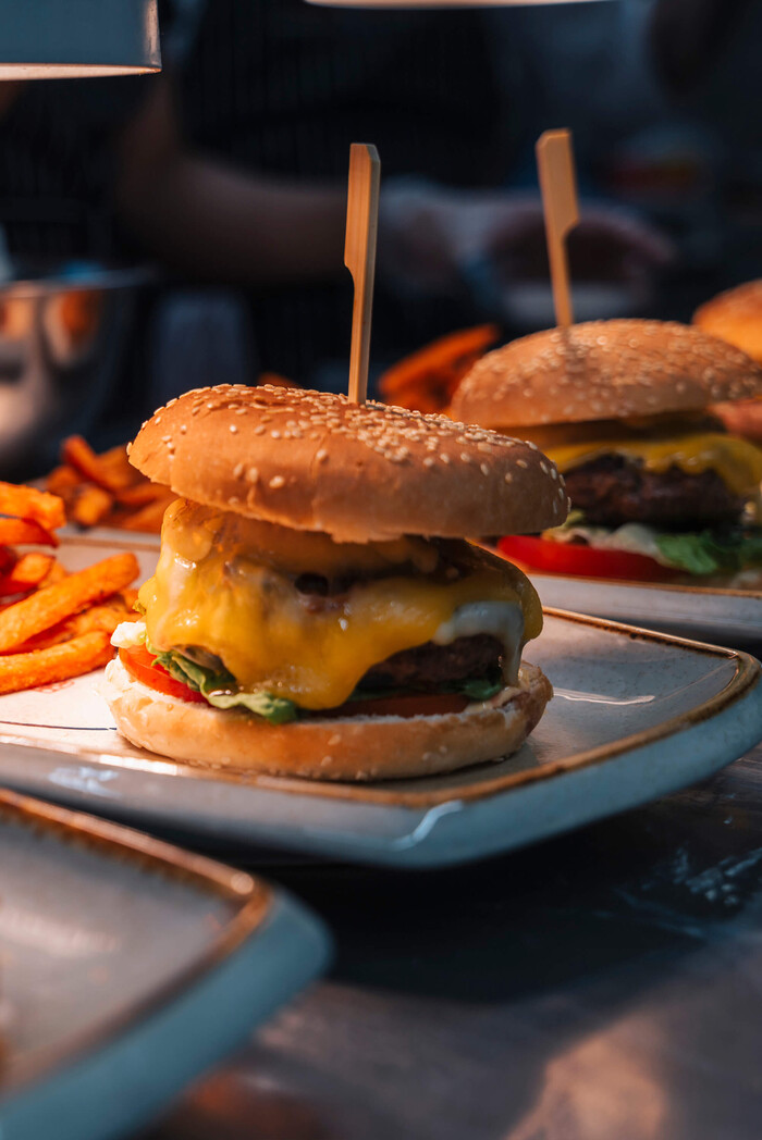 Saftiger Cheeseburger mit Pommes auf Keramikteller im Tiger Room Würzburg